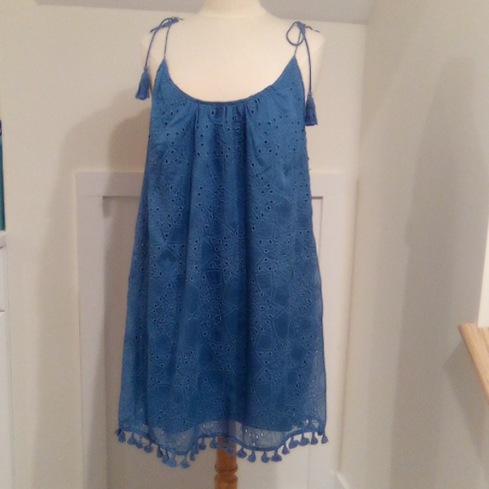 Heartloom Eyelet Tassel Hem Sleeveless Dress in Cornflower